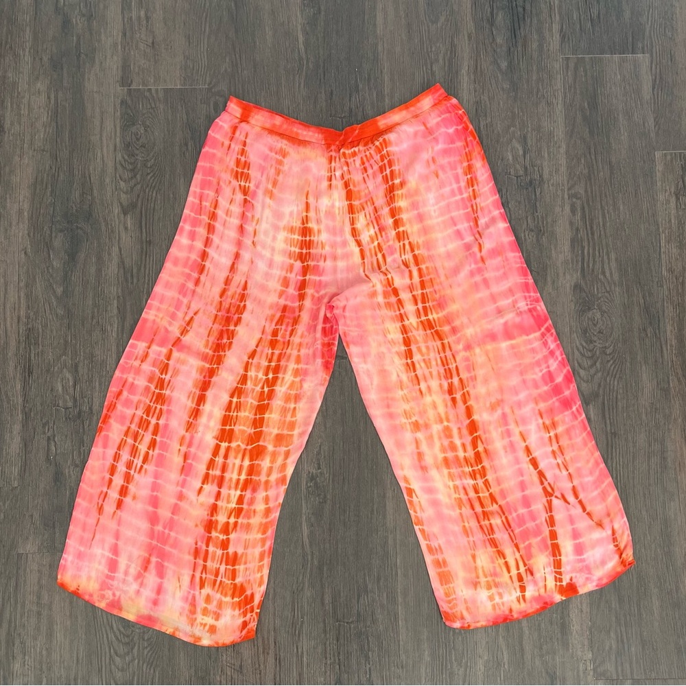 CAL STYLE || WIDE LEG W/DRAWSTRING || ORANGE HOT PINK YELLOW TYE DYE || SIZE: L - Picture 5 of 8